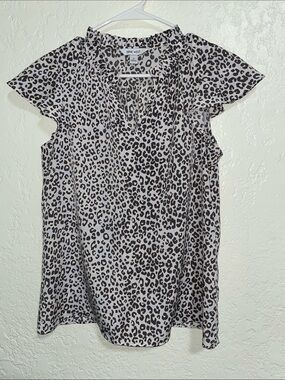 Nine West Black and White Leopard Print Flutter Sleeve Top